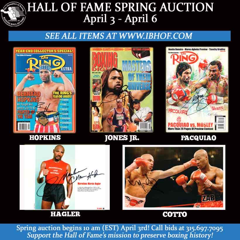 HOF spring auction fundraiser starts Wed., April 3! Bid on 40+ items from such stars as Bernard Hopkins @RealRoyJonesJr @MannyPacquiao Marvelous Marvin Hagler @RealMiguelCotto & more! Win a great item & help raise needed funds April 3-6. Details here: ibhof.com/pages/news/auc…