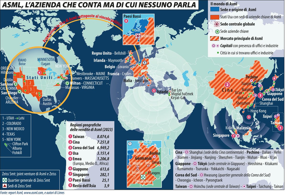 Per celebrare i 40 anni di ASML, il campione di macchinari per i semiconduttori nato a Eindhoven il 1° aprile 1984, un thread che parte da questa mappa a colori unica, realizzata da @lauracanali2 . 1/20