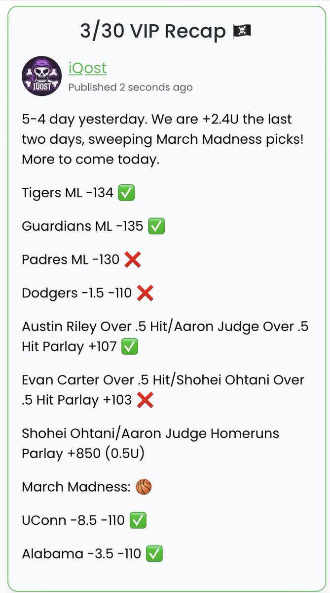 iQost's tweet image. Tough luck on the free play, but we have yet another profitable day in VIP, sweeping on our Elite Eight picks! 🏴‍☠️

Purdue -3.5 ✅
NC State +7.5 ✅
UConn -8.5 ✅
Alabama -3.5 ✅

#GamblingX #FreePlays #MarchMaddness