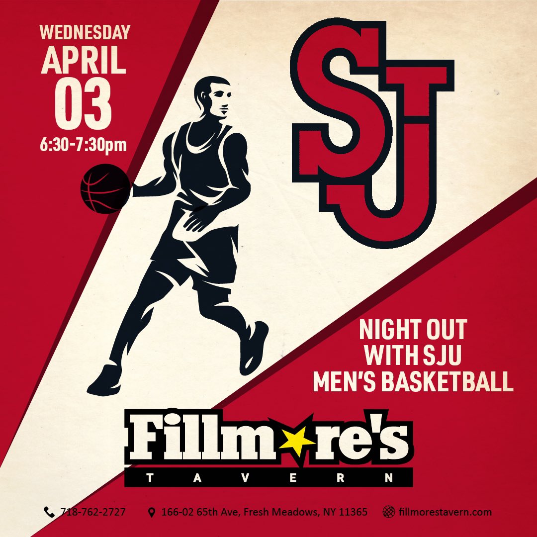 Meet and greet with the #RedStorm #sjubb. It’s a slam dunk! Get your favorite Fillmore’s dish and hang out with the team. Autographs and giveaways from 6:30-7:30!
