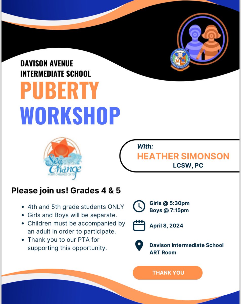 Calling all @DAVintermediate 4th and 5th grade families. We our hosting our annual Puberty Workshop Monday April 8th. Girls at 5:30pm and Boys at 7:15pm in our Davison art room. Please see flyer attached! #gomules #excellenceonpurpose