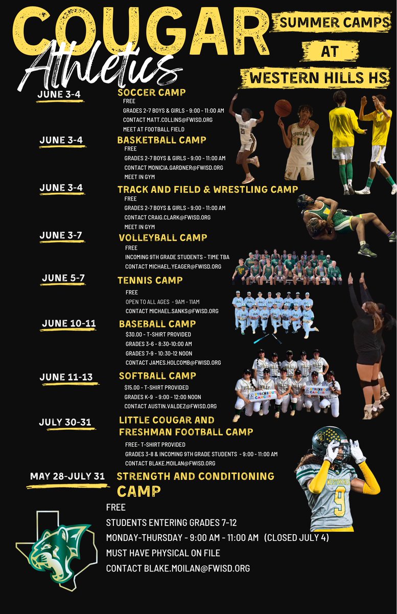 Western Hills High School summer camps! We would love to see you this summer! @WaverlyParkFW @WesternHillsES @LMerrettFWISD @LeonardLonghorn @LeonardFWISD @FWISDAthletics @FortWorthISD