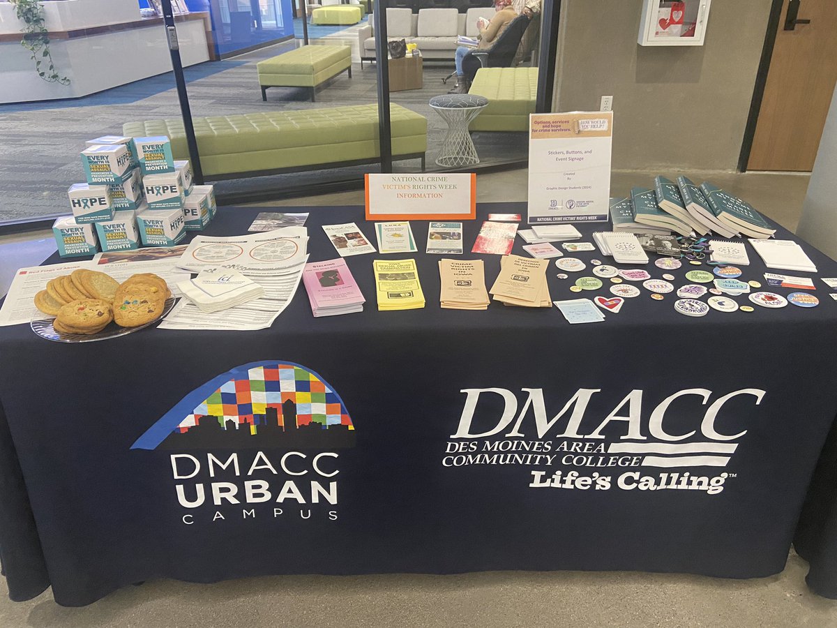 DMACC_Vibe's tweet photo. It is National Victims Rights Week here on campus. 
There are student showcases and presentations as well as booths in buildings 1 &amp; 7 with more information. https://t.co/cAsxxCY6Ky