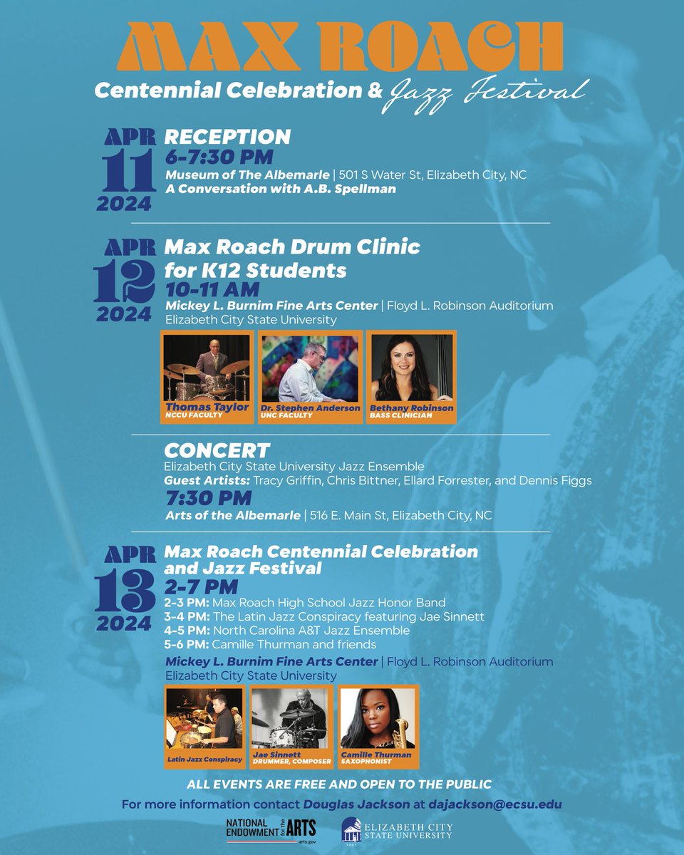 Get ready to groove to the rhythm of unforgettable performances and celebrate the music of an icon, #MaxRoach, during this year's Jazz Festival. 

#JazzFestival #ECSU