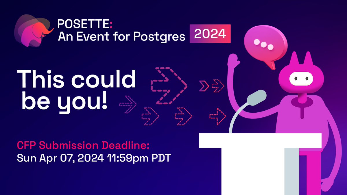 6️⃣ more days until the #PosetteConf CFP closes on Sunday Apr 7 🎙️Do you have a virtual talk to give on #PostgreSQL, tools in PG ecosystem, extensions like @citusdata or @postgis, or @AzureDBPostgres? ⏰ Don't miss your chance to submit a talk proposal! aka.ms/posette-cfp-20…