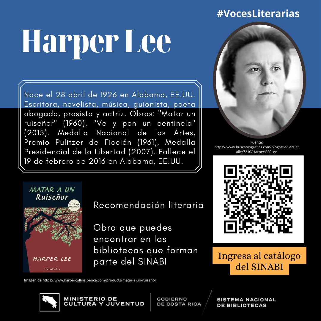 #VocesLiterarias 🗣✍️| Descubre las biografías de escritores que dejaron su huella en la literatura. Únete a nosotros en este fascinante viaje literario. 📚✨
#SINABI2024
#BiografíasLiterarias
#28abril
#HarperLee