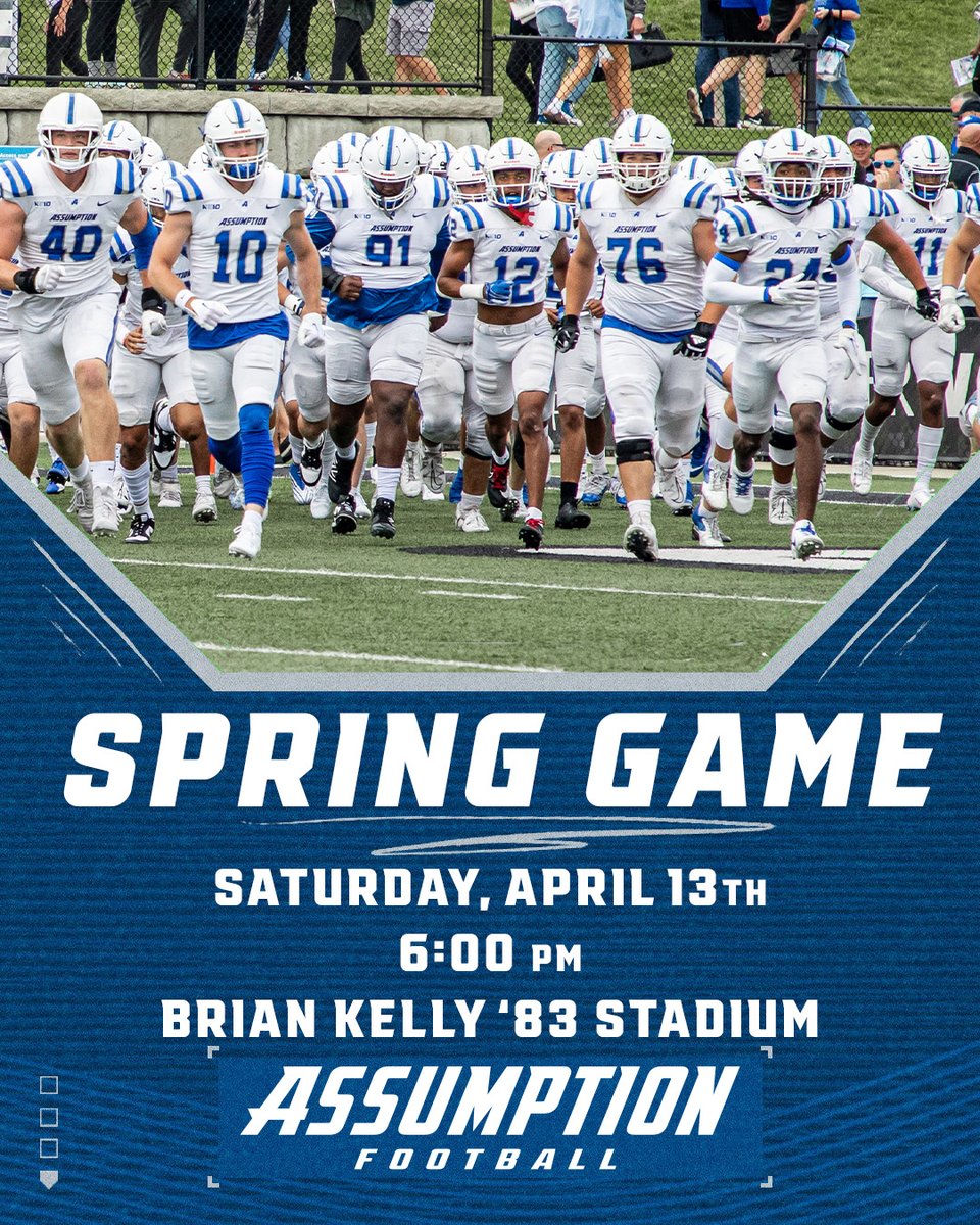 #𝙃𝙊𝙐𝙉𝘿𝙉𝘼𝙏𝙄𝙊𝙉 Our Annual Spring Game is just under 2 WEEKS AWAY!! 🏈Assumption Spring Game 🏟️ Brian Kelly '83 Stadium 📍 Worcester, MA 🗓️ April 13th, 6:00pm #𝘼𝘿𝙑𝘼𝙉𝙏𝘼𝙂𝙀