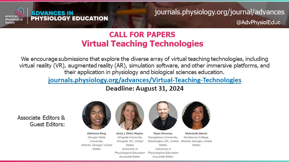 📣Call for Papers on Virtual Teaching Technologies We encourage submissions exploring virtual teaching technologies, including #VirtualReality, #AugmentedReality, #SimulationSoftware and their application in #physiology education and #STEMed. ow.ly/pq0y50R5PY2