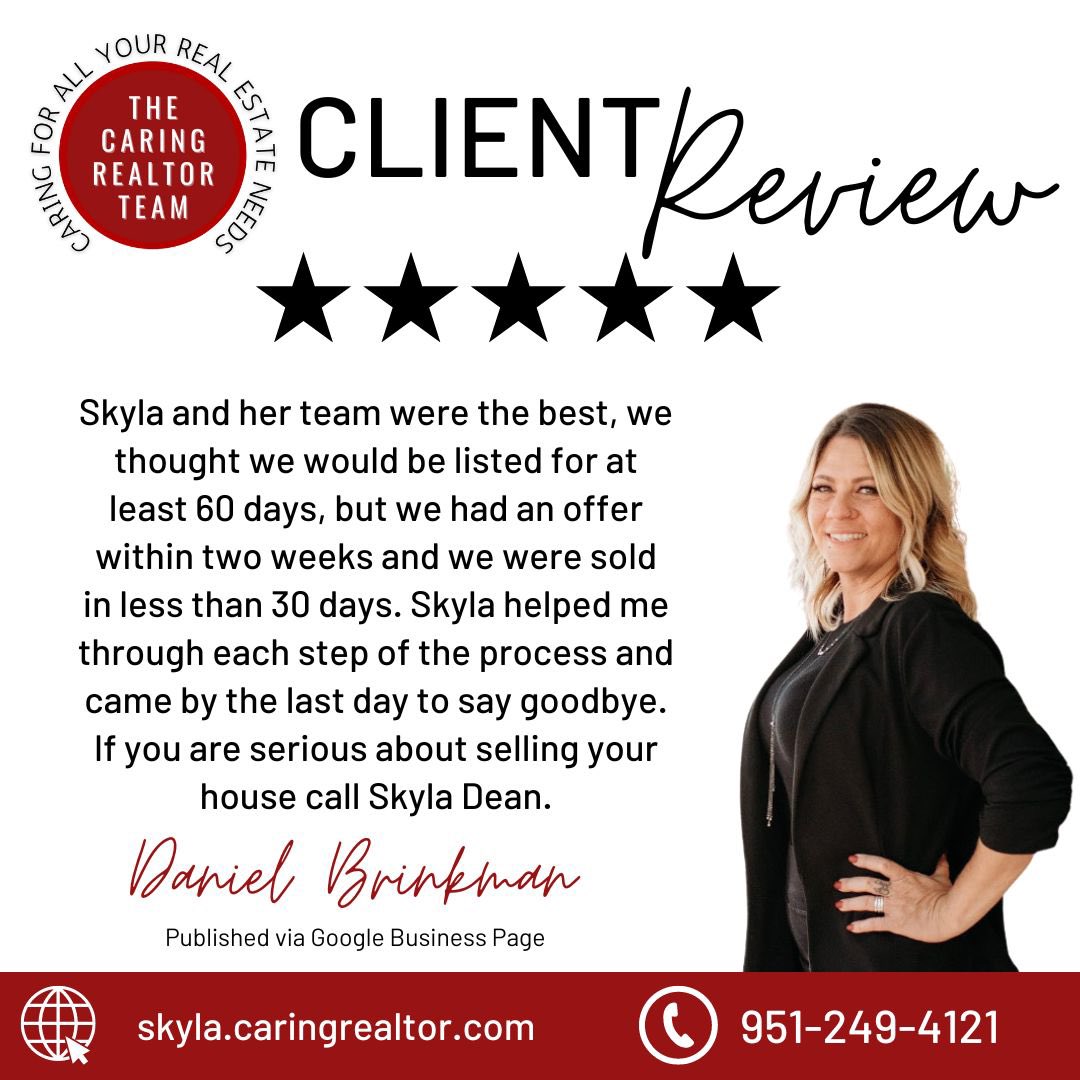 ✨An amazing and solid review for Skyla! 

💎 SKYLA DEAN
🏡 REALTOR®
♥️ The Caring Realtor Team
☎️ 951-249-4121
Office: 951-783-4035
📧 Skyla@caringrealtor.com
▪️DRE# 02196843
skyla.caringrealtor.com

#sellyourhome #homebuying #homesellers #listingagent #invest #sellingsocal