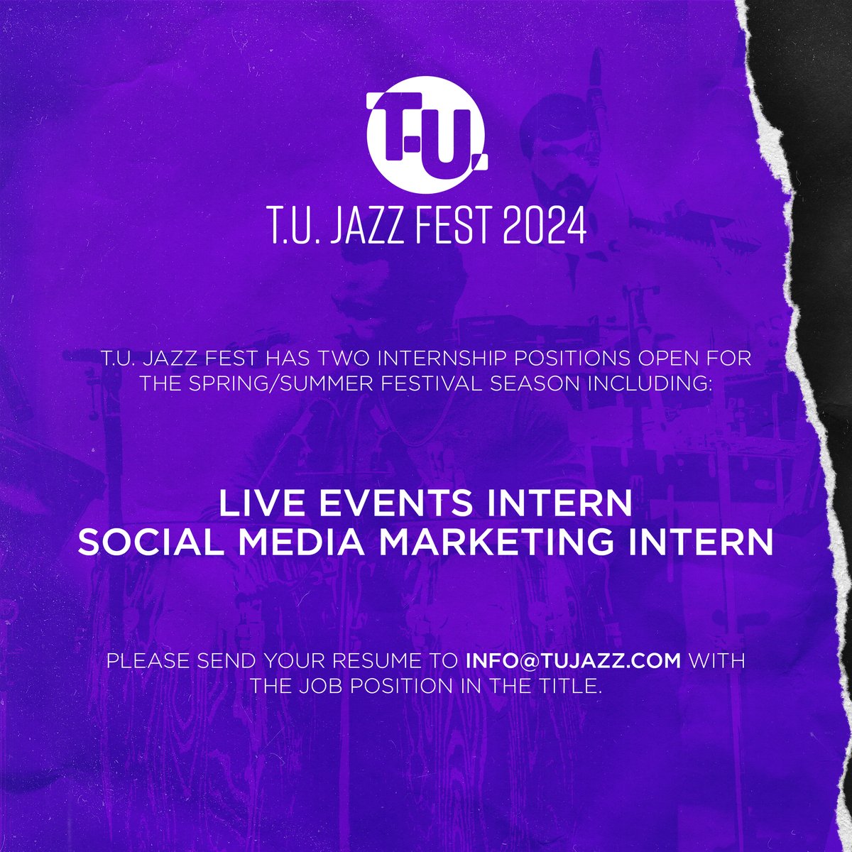 Join the T.U. Jazz Fest Team this summer as we celebrate 10 years of performances &amp; live events! 🎵 We're currently seeking the following roles:

Live Events Intern
Social Media Marketing Intern

If you're interested, please send your resume to info@tujazz.com