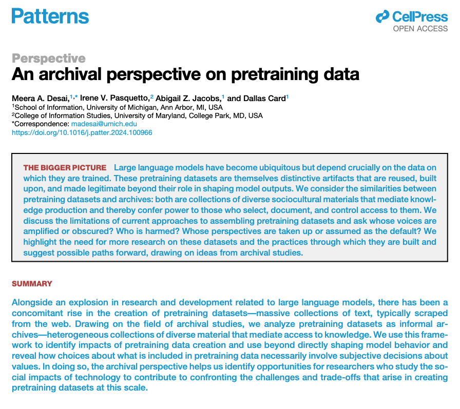 I'm excited to share that the journal version of our paper, 'An archival perspective on pretraining data', is now available (open access) from Patterns! This project was led by @MeeraDesai18, along with @IrenePasquetto, @az_jacobs, and myself 1/n