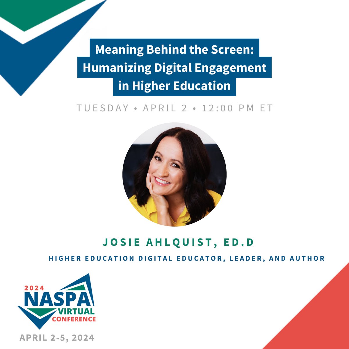 Join my #NASPAVirtual24 keynote on April 2 at 12 pm ET!✨ We'll explore how to harness the power of technology to deepen connections & enrich communities in student affairs. I hope you'll join as we discuss how to create a human-centered approach to digital engagement!