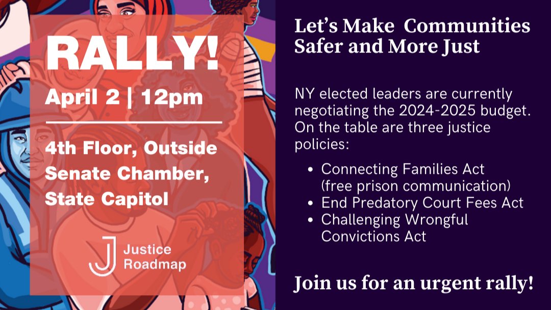 TOMORROW at 12pm: Join @CCA_NY, @VOCALNewYork, @WorthRises, @FinesandFeesJC, @nyc_defenders at the State Capitol to call for urgent justice issues in this year's budget: ✅ End Predatory Court Fees ✅ Connecting Families ✅Challenging Wrongful Convictions