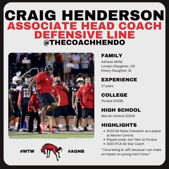 Meet the Bronchos!

Our Associate HC <a href="/TheCoachHendo/">Coach Henderson</a> has been on staff dating back to 2014.  He wears many hats! Recently, he has been assisting with our leadership program, seeking community service opportunities for our guys.  He is a history teacher at JHS.  #AGNB #WTW