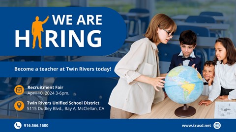 WE ARE HIRING! Join our incredible team of educators at Twin Rivers. A recruitment fair will be held on April 10 from 3 to 6 p.m. at our district office. RSVP: bit.ly/49pdkEF