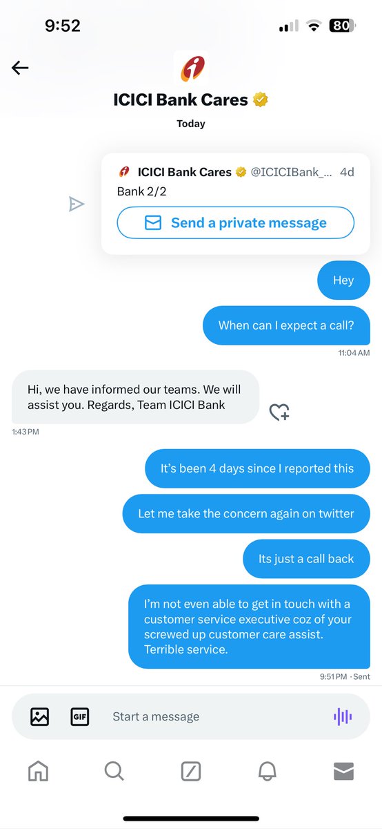 Kiranunni's tweet photo. @ICICIBank_Care @ICICIBank 
Flagged my concern on Friday since there was an urgency. No callback untill now. I’m not able to get in touch with your CS guy coz of the screwed up voice assist. Scant regard to the concern. Terrible service. https://t.co/sBvsor4FHH