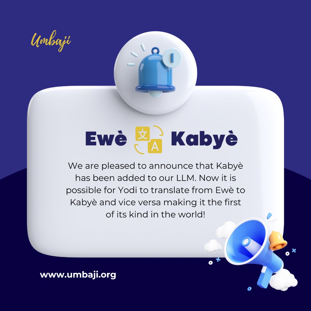 📣We are pleased to announce that Kabyè has been added to our LLM.📣

Now it is possible for Yodi to translate from Ewè to Kabyè and vice versa.

This is the first of its kind in the world! 👏

Do not hesitate to support us by sharing and contributing in any way you can.