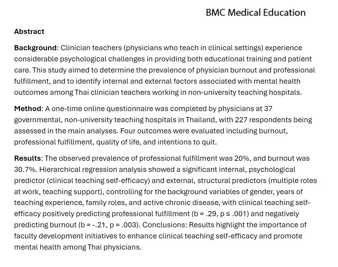 AME_Research's tweet photo. Our latest @AME_Research publication with Arunee Tipwong @JasonHarley07 et al. is now in press at BMC Medical Education. Findings highlight the importance of clinical teaching self-efficacy in Thai physicians given critical links with well-being and burnout. https://t.co/vaSAqSezkL