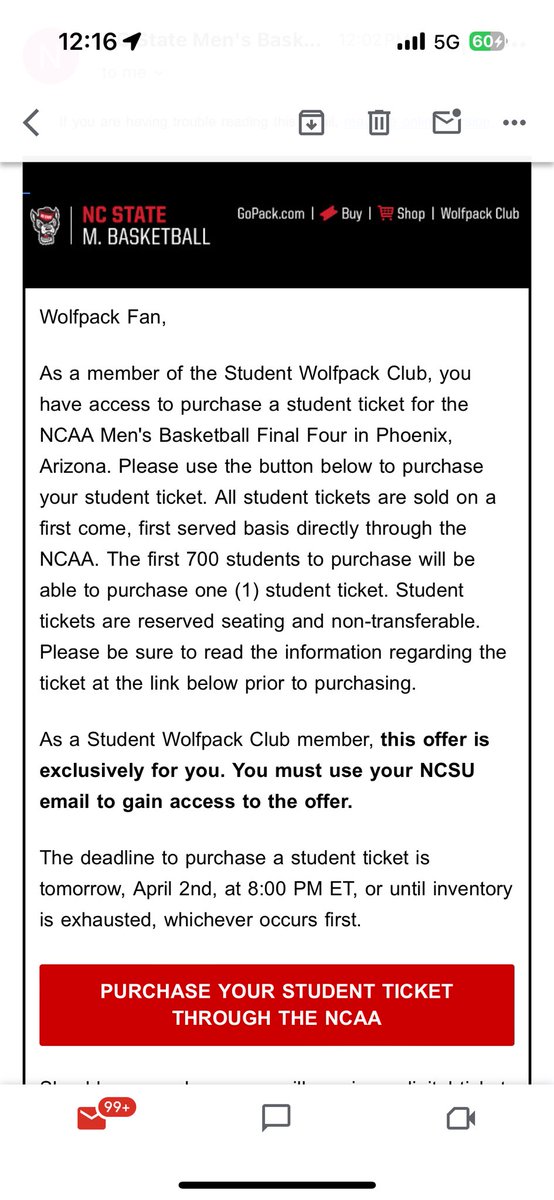 WOLFPACK Student ticket options now available for <a href="/MarchMadnessMBB/">NCAA March Madness</a> final 4 <a href="/PackAthletics/">NC State Athletics</a> <a href="/NCState/">NC State University</a> ACT QUICK! <a href="/WRAL/">WRAL NEWS in NC</a> And how about some added Phoenix flight options, <a href="/RDUAirport/">RD-Boo Airport 🎃</a> 😉