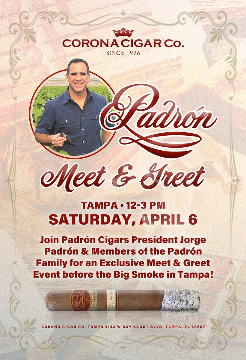 CoronaCigarCo's tweet photo. #CigarEvents coming up this weekend at #CoronaCigar #Tampa #BigSmoke #Padron #JCNewman https://t.co/CCL1wXDkIR
