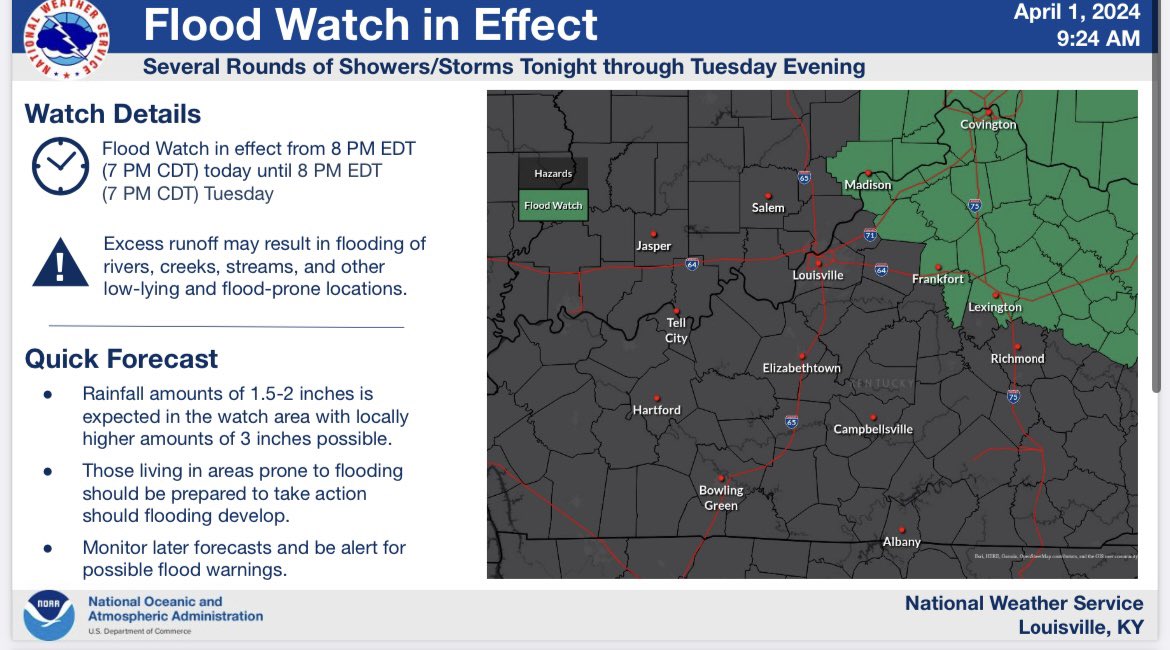 Kentucky, we have several severe storms moving through the commonwealth today and into tonight — with flood watches in place across Northern Kentucky. Check your local radar and news channels for updates. Please be safe, everyone!