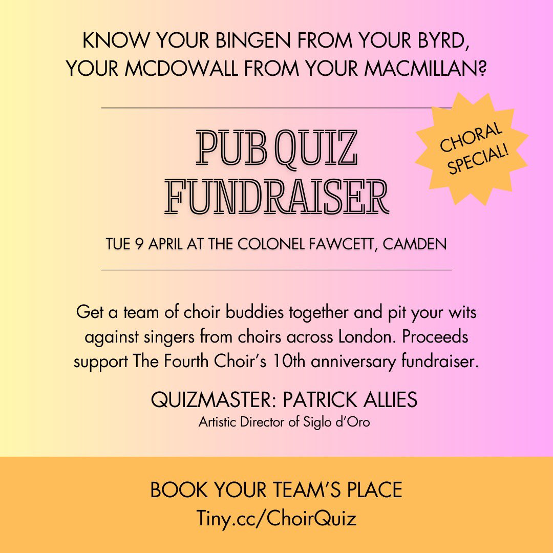 Have you been swotting up on your Sweelinck, going over your Gibbons and reviewing your Rajasekar? The Choral Pub Quiz with @PatrickAllies at the @ColonelFawcett in Camden is a week away! Reserve your team’s spot today! Tiny.cc/ChoirQuiz