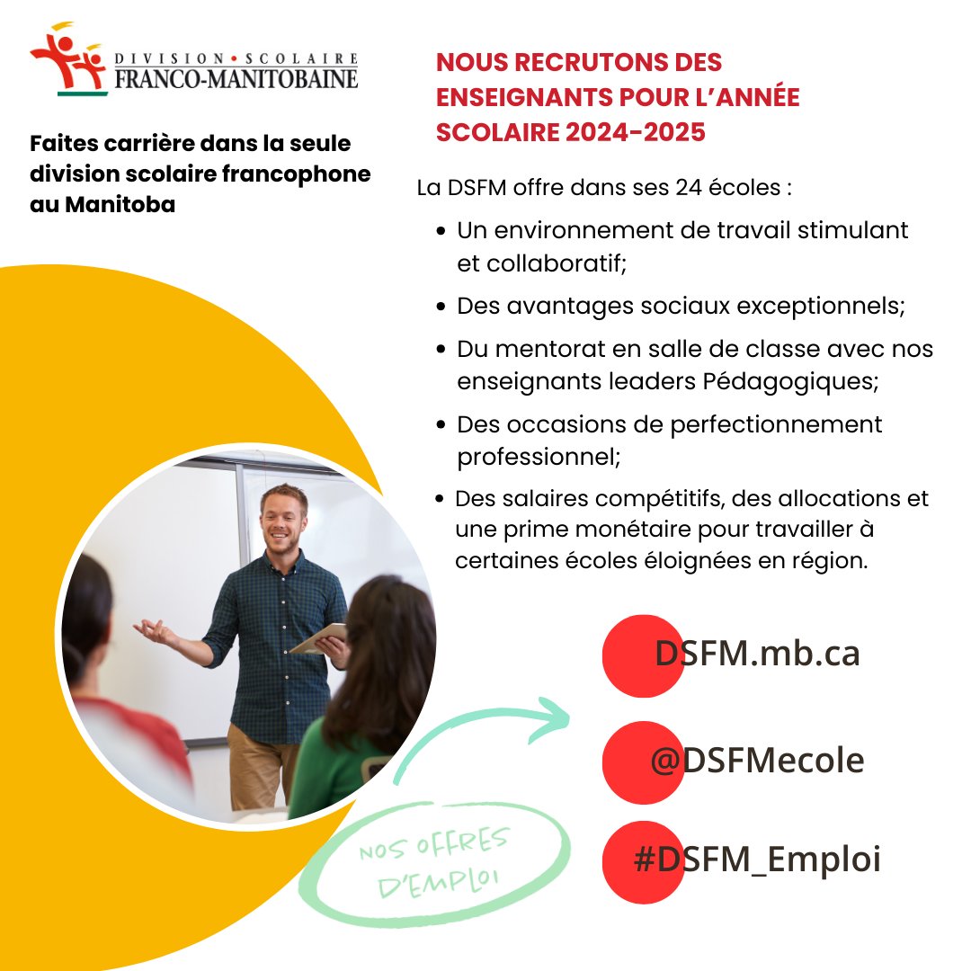 OFFRES D'EMPLOI À LA DSFM
Nos cherchons à pourvoir plusieurs postes d'enseignants dans nos écoles de langue française.
📌Trouvez nos offres d'emploi au site Web: dsfm.mb.ca/carriere
⭐Revenez souvent, de nouvelles offres s'ajoutent régulièrement.
#DSFM_Emploi
<a href="/FNCSF/">FNCSF</a>