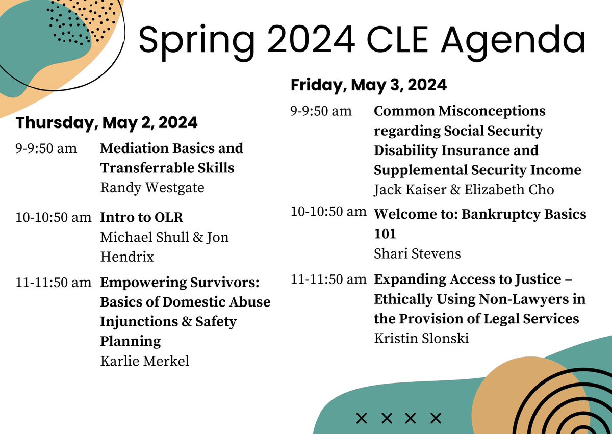 It's that time of year again! Our spring CLE will be May 2nd and 3rd this year. It will all be free, virtual, and available to all who would like to attend. Please check out the agenda and register! Register today! us02web.zoom.us/webinar/regist… #CLE #Judicare