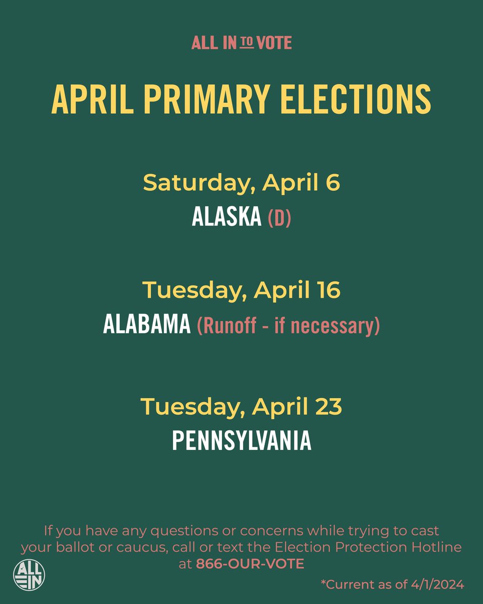 Elections are blooming! 💐 This month is full of primary elections, some happening as soon as tomorrow! Make your plan to vote today, and make sure your friends do too, at allin.vote/plan! 🗳