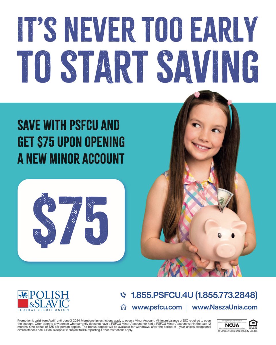Start learning the importance of saving at an early age! Save with PSFCU and get $75 upon opening a new minor account. This promotion is valid from April 1, 2024, until June 3, 2024. Be sure to visit our website to learn more about the terms that apply. psfcu.com/member-resourc……
