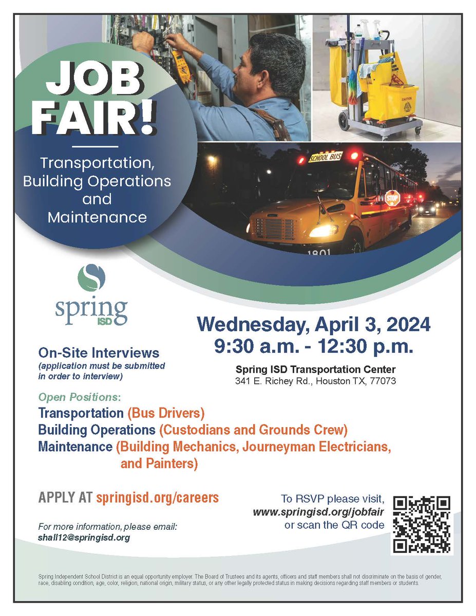 JOB FAIR ALERT: We're hosting a job fair for positions in Transportation, Operations, and Maintenance. Want to join the Spring ISD family? RSVP for this event, taking place April 3 from 9:30 a.mm to 12:30 p.m. RSVP: springisd.org/jobfair