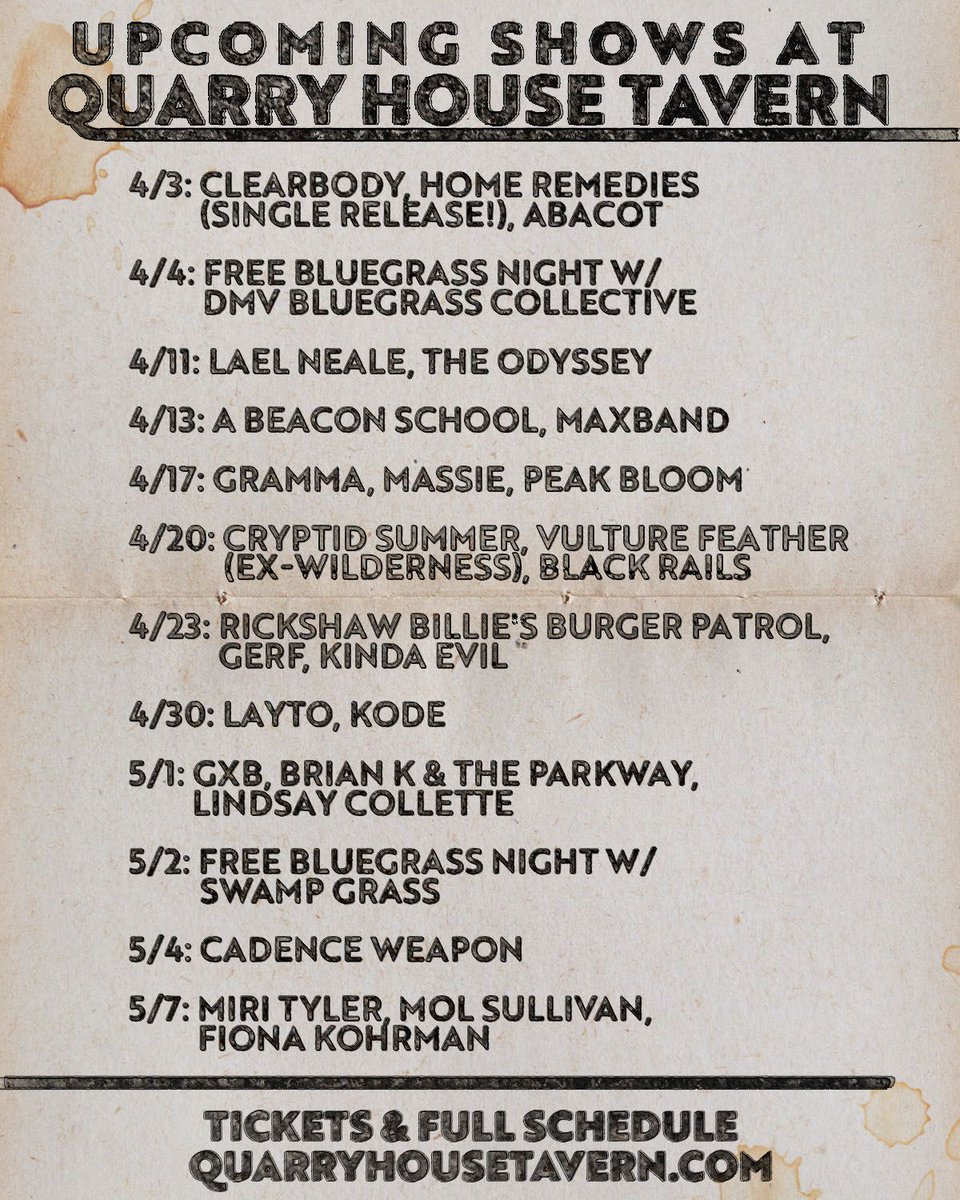 🍻UPCOMING SHOWS🍻 4/3: @clearbodyband, Home Remedies (single release!), Abacot 4/4: Free Bluegrass Night w/ DMV Bluegrass Collective 4/11: @laelnealemusic, The Odyssey 4/13: @abeaconschool, @maxbandnyc FULL SCHEDULE & TICKETS: buff.ly/4awELgM MORE 🧵⤵️
