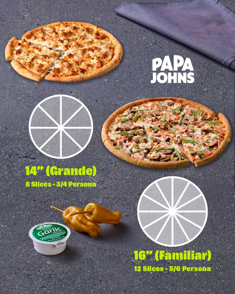 Descubre el tamaño de con esta guía perfecta para escoger tu pizza ideal. 🍕😎

🔴Personal 8” 4 slice 1 persona
🔴Mediana 11” 6 slice 2-3 personas
🔴Grande 14” 8 slice 3-4 personas
🔴Familar 16” 12 slice 5-6 personas

#pizza #papajohnsve #delivery #postres  #especialidades