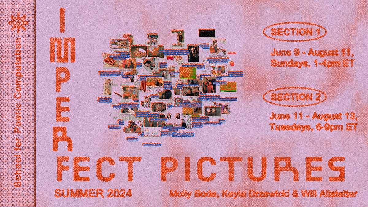 Join us for Imperfect Pictures taught by @mollysoda with Kayla Drzewicki & Will Allstetter, a class about ugly pictures, spam, compressed images, screenshots, facetuned selfies, gifs, stock photos & badly performing social photos. sfpc.study/sessions/summe…