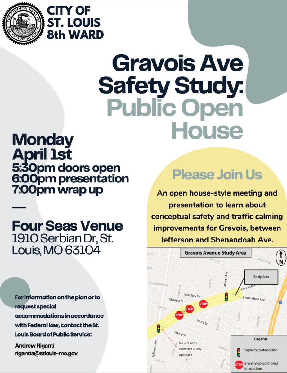 Gravois is one of the most dangerous roads within in our City. Another pedestrian was killed by hit and run just two weeks ago. This road is maintained by MODOT. Come see proposed plans to improve saftey tonight at 6pm. Would love to hear your thoughts.