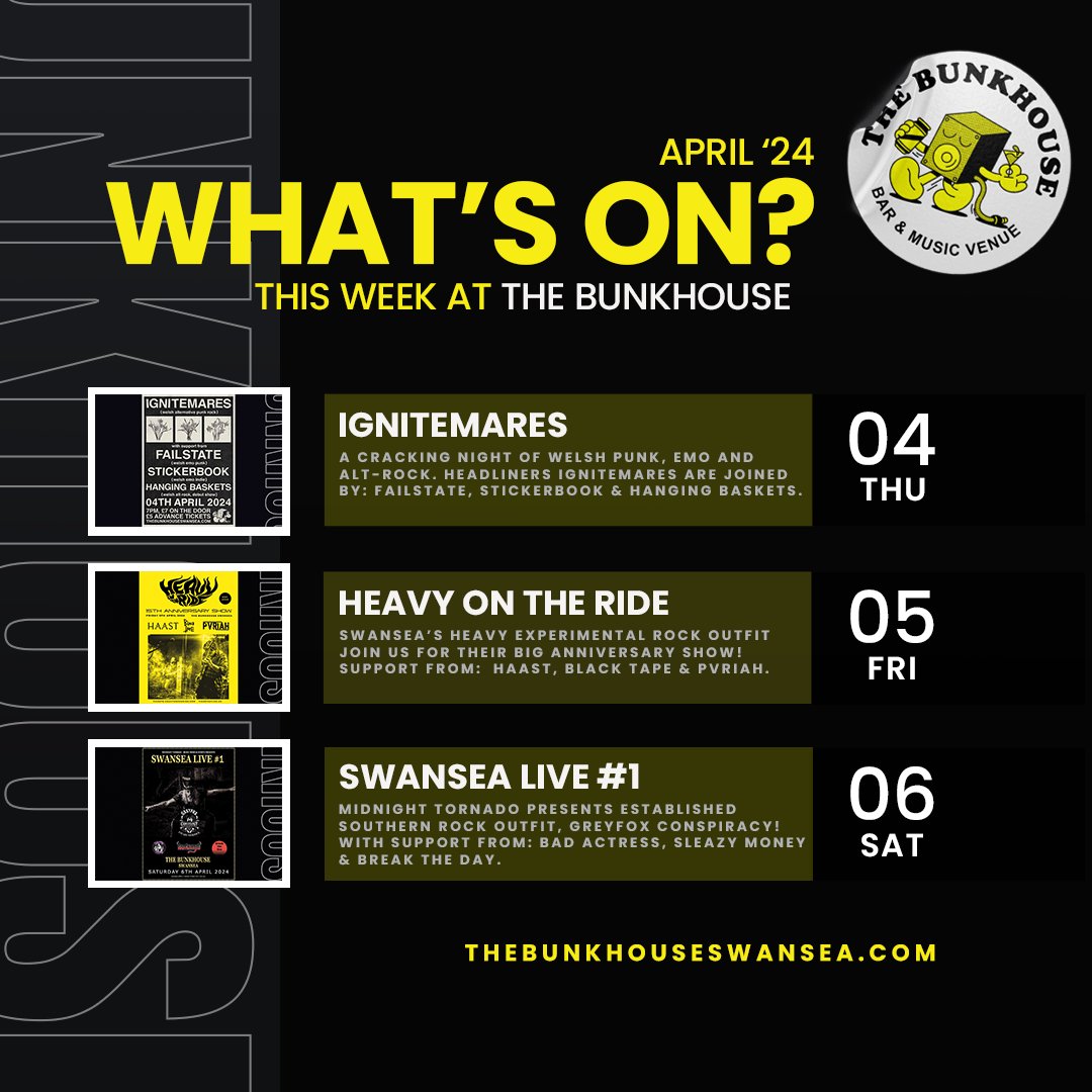 Check out this week's gigs and events we have on at The Bunkhouse Swansea 🏴󠁧󠁢󠁷󠁬󠁳󠁿👇 🎟️ thebunkhouseswansea.com #TheBunkhouse #BunkhouseSwansea #Swansea #Abertawe #WhatsOnSwansea #Cymru