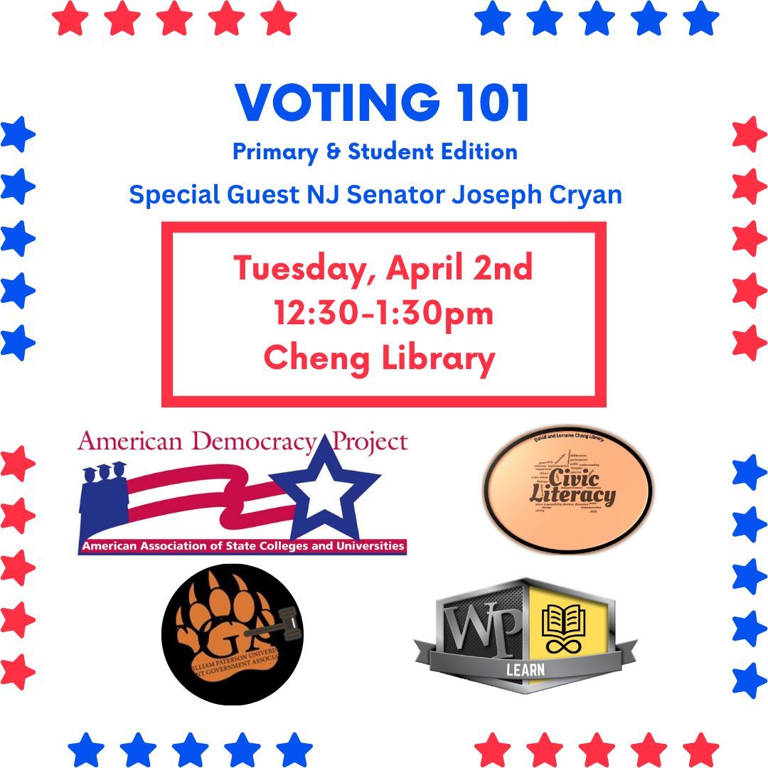 Stop by the Cheng Library on Tue, April 2nd 12:30-1:30 for Voting 101! Mock Voting booth, refreshments, voter information, and info about upcoming Student Government elections.

#wpunj
#twillyp
#wpu.sga
