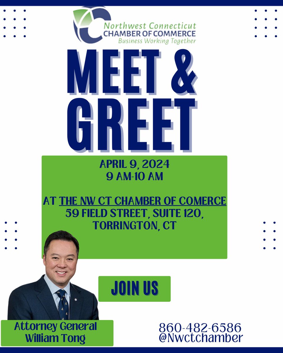 Connecticut Attorney General William Tong will be the Guest Speaker at the Chamber. He is a strong advocate for the people. Topic: Health Insurance for Businesses and Individuals in CT. Don’t miss this opportunity.nwctchamberofcommerce.org/events/meet-th…