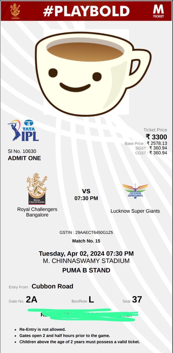 TicketsCsk's tweet photo. rcb vs lsg one ticket available at puma b stand @ mrp https://t.co/yYXmBUoeOX