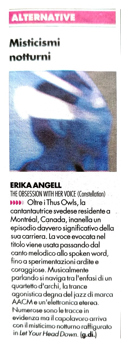 Loving this review of Erika Angell's excellent solo album The Obsession With Her Voice, published by Italian newspaper @ilmanifesto last week. ilmanifesto.it/edizioni/il-ma… @actartmgt @RarelyUnable