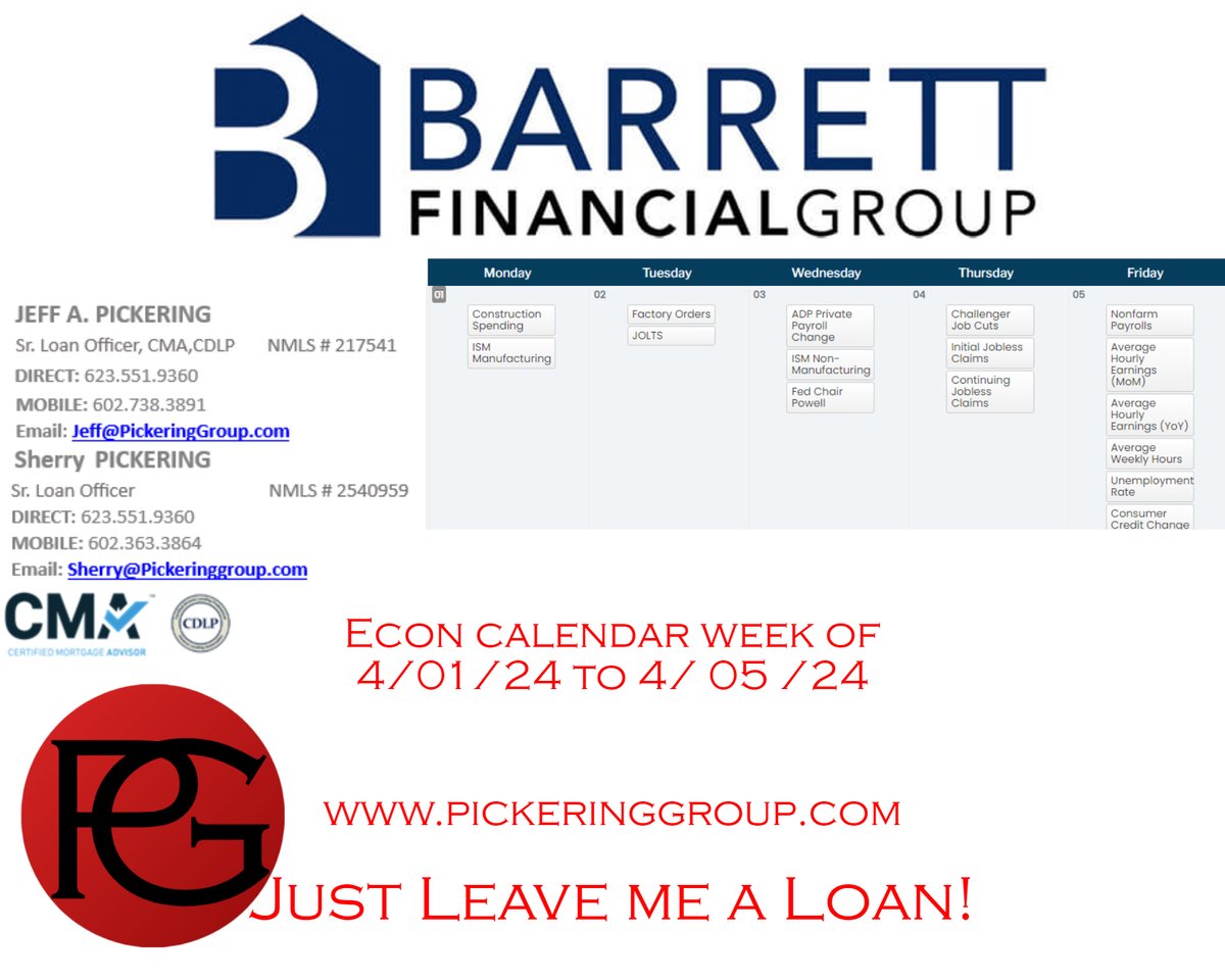 Weekly Econ Calendar 
04/01/2024 to 04/05/2024  

Looking to see what rate and Program best fit your needs? To schedule appointment and to provide me with basic information, click the link jpickering-intro.secure-clix.com 

#barrettfinancial #JeffPickeirng #pickeringgroup #AZBroker
