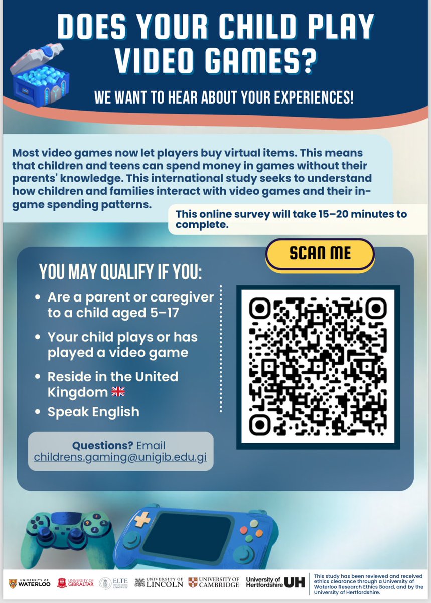 Please share widely and take part in this international study if your child plays video games. The team are interested in learning about the video gaming behaviours of children and caregivers, and their spending habits. Thank you! @HBowdenJonesOBE uwaterloo.ca1.qualtrics.com/jfe/form/SV_da…