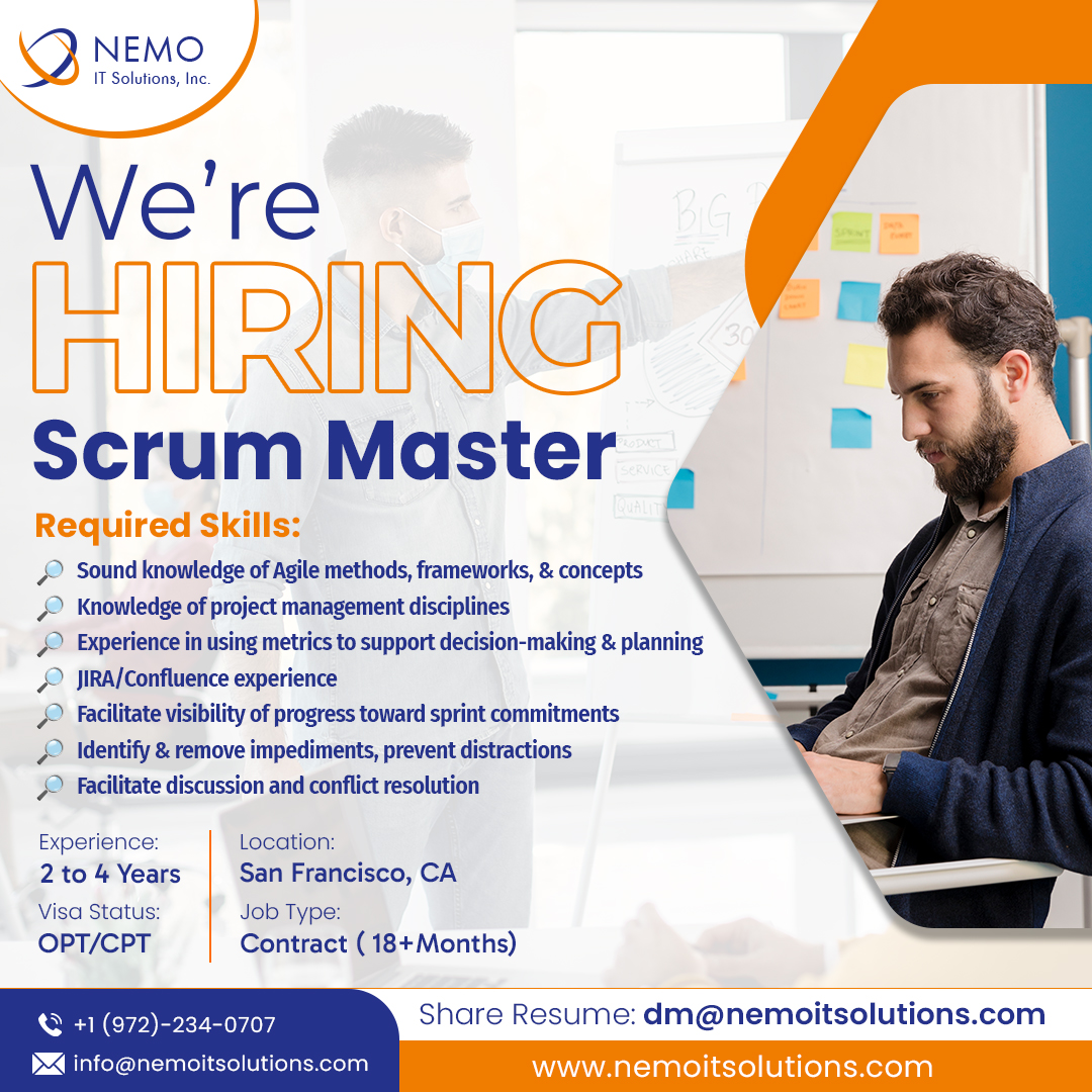 We're Hiring! Role - Scrum Master Email Resume: dm@nemoitsolutions.com . . . . #stakeholders #employeeexperience #scrum #productmanagement #designsprint #agilecoach #productowner #scrummaster #projectmanager #agilmethod #scrummasterjobs #scrummasterhiring #scrummastertraining