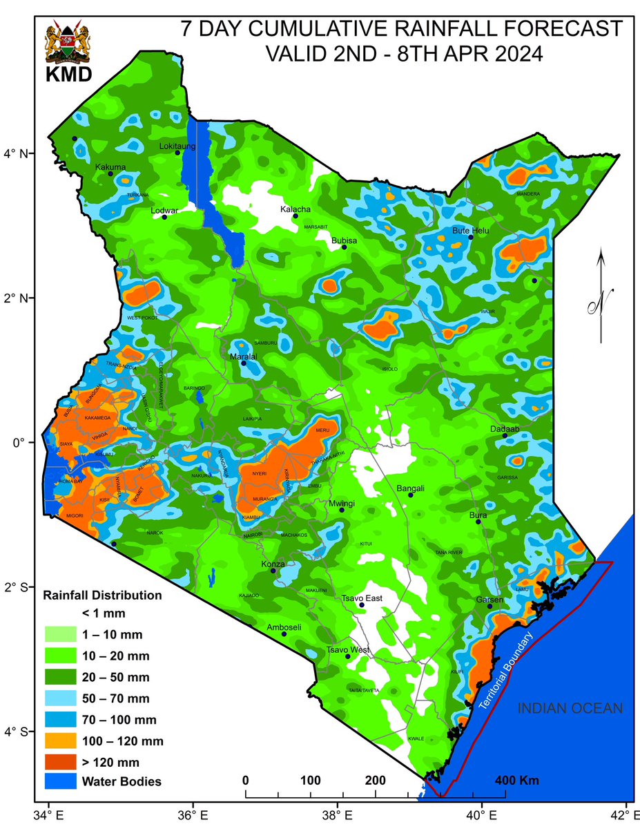 MeteoKenya's tweet photo. 🌧️ Weather Outlook (April 2-8, 2024) 🌧️
Expect widespread rainfall across the country, with heavy downpours forecasted for Central Highlands, Western Kenya, Rift Valley, Southeast lowlands, Coast, Northeast, and Northwest regions. Stay prepared 4 potential flooding in these areas https://t.co/GGGwiGhgIj