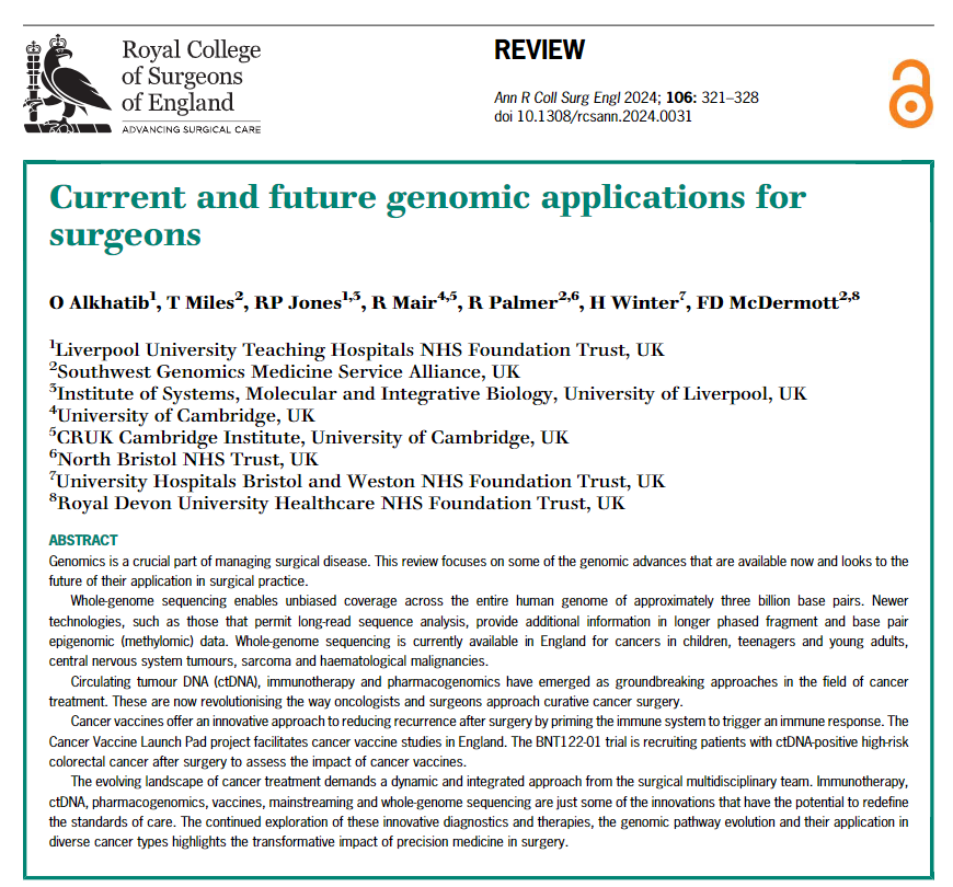 Pleasure to co-author this publication on the current and future applications of genomics in surgery. Some very exciting developments to improve patient outcomes. OPEN ACCESS publishing.rcseng.ac.uk/doi/10.1308/rc…