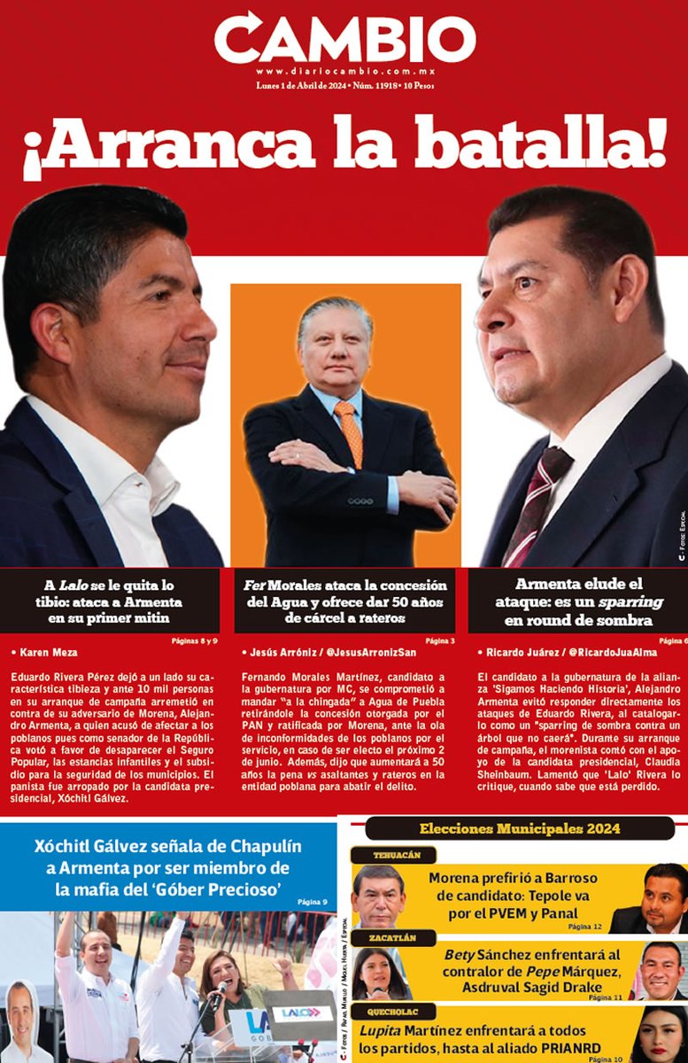 Diario_Cambio's tweet image. 😁 #HoyEnCAMBIO ¡Arranca la batalla!

👉🏻 A Lalo se le quita lo tibio: ataca a Armenta en su primer #mitin

👉🏻 Fer Morales ataca la concesión del #Agua y ofrece dar 50 años de cárcel a rateros

#RT