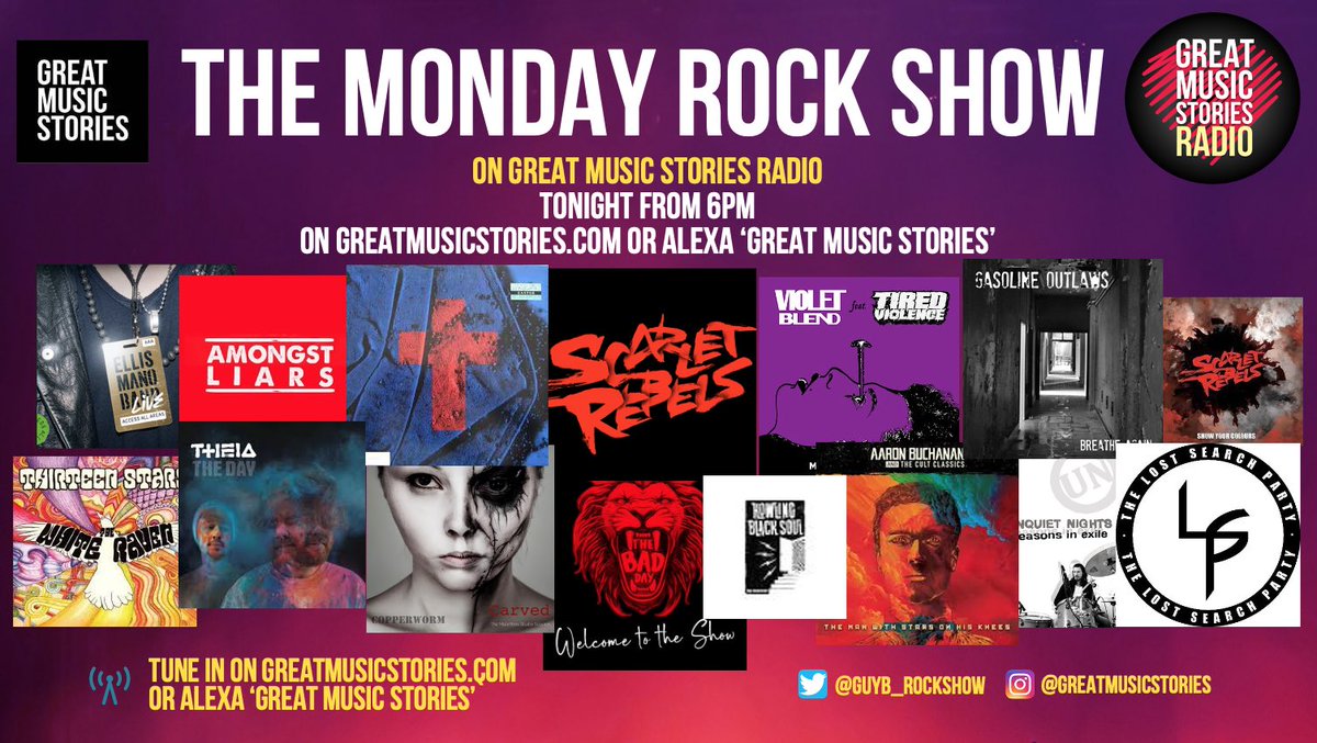 Monday Rockshow. 6pm tonight with @ScarletRebels @lynnejackaman #theMilkMen @VioletBlend @The_LSP_Rock @BadDay_Official @HBStheband @bluenationmusic @copperwormUK @THEIA_uk @aaron_buchanan @13_Stars1 & heaps more x