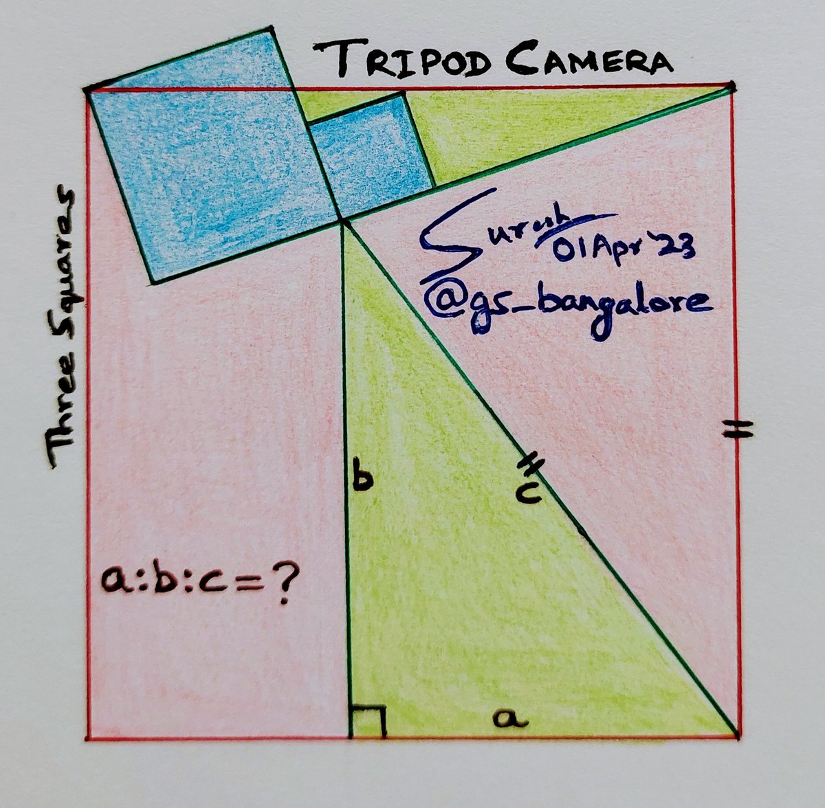 Tripod Camera. Three squares and several triangles, constrained.

a:b:c = ?

#square #triangle #geometry #geometrique #ratio #fraction #puzzle #Pythagoras #triple #thinking #logic #reasoning #today #mathteachers #math #teacher #mathematics #Algebra #highschool #students #learning