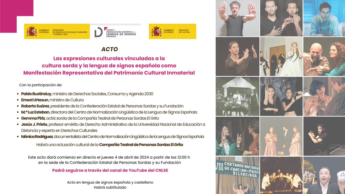 CNLSE's tweet image. El próximo jueves 4 de abril (12:00 h), se celebra el acto "Las expresiones culturales vinculadas a la cultura sorda y #LSE como Manifestación Representativa del Patrimonio Cultural Inmaterial".

Síguenos en directo en: youtube.com/live/6H3kZfLoK…

📝 ¡Os esperamos!