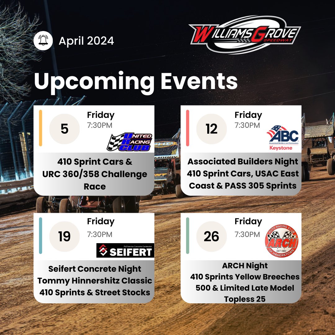 Our upcoming events in April are no “joke”! Which one are you looking most forward to? | United Racing Club | Associated Builders and Contractors | Seifert Concrete | Auto Racing Club of Hagerstown |